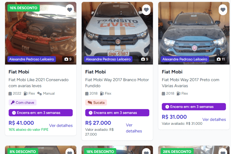 Listagem de carros na plataforma